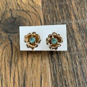 Vintage 1/20 12K GF Earrings Gold Filled Screw Back Floral Aqua Rhinestone